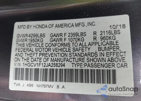2018 Honda Accord Lx from USA, damaged, VIN 1HGCV1F12JA258294